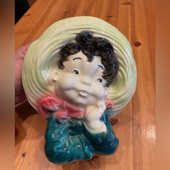 ROYAL COPLEY HEAD VASE VINTAGE BOY GREEN YELLOW LARGE MEXICAN SOMBRERO GIRL? - Picture 5 of 9